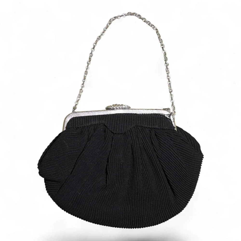 Vintage La Marquise Pleated Evening Bag Black w/ Silver Frame Kiss Lock 40s EUC